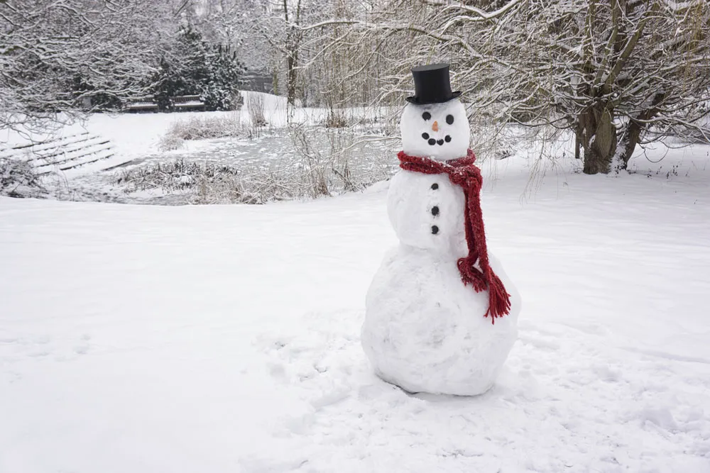 A cheerful snowman wearing a top hat and a colorful scarf stands against a snowy background